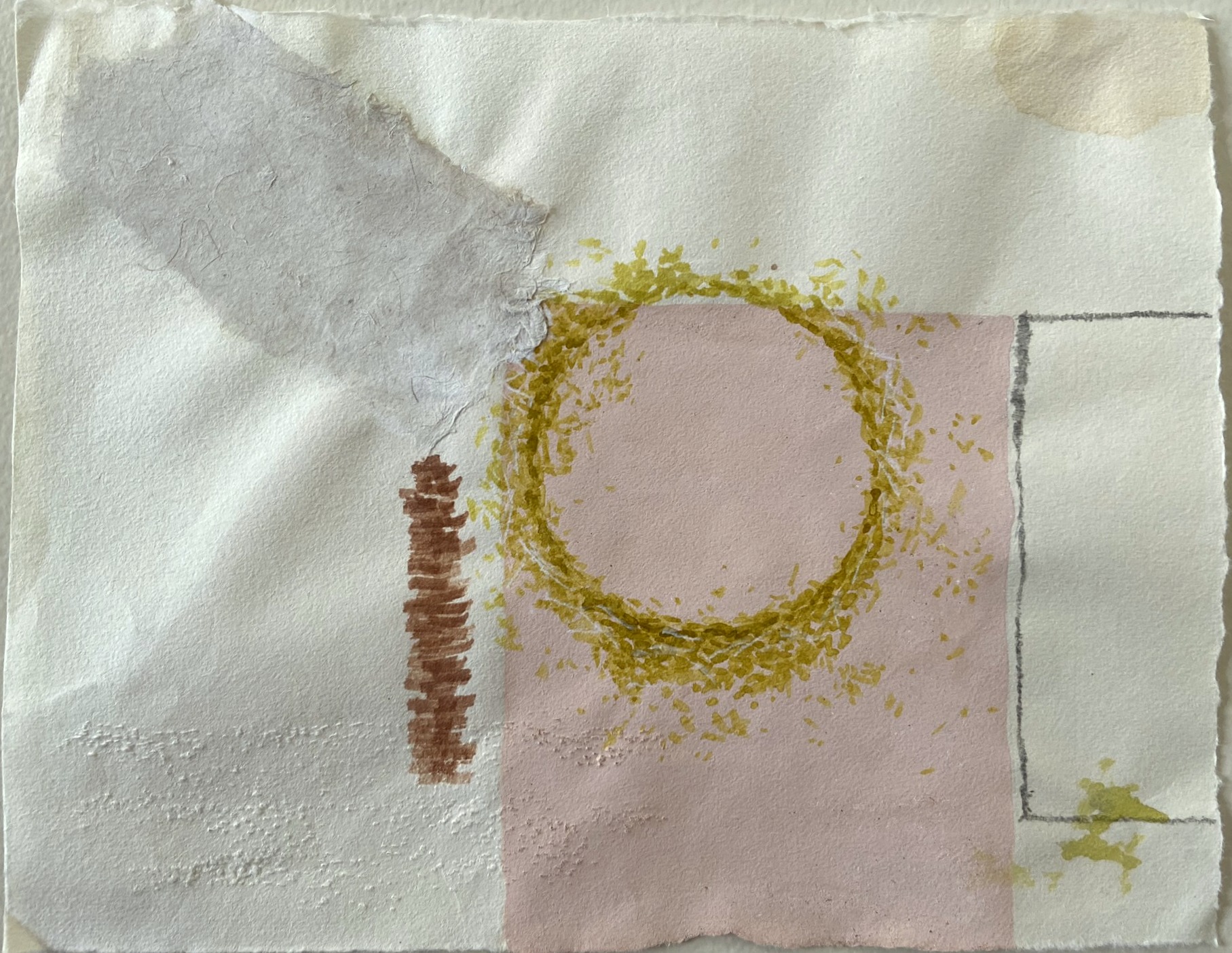 Mixed-media drawing, Space 1, with subtle graphite geometry, watercolor washes, and khadiya powder on paper.